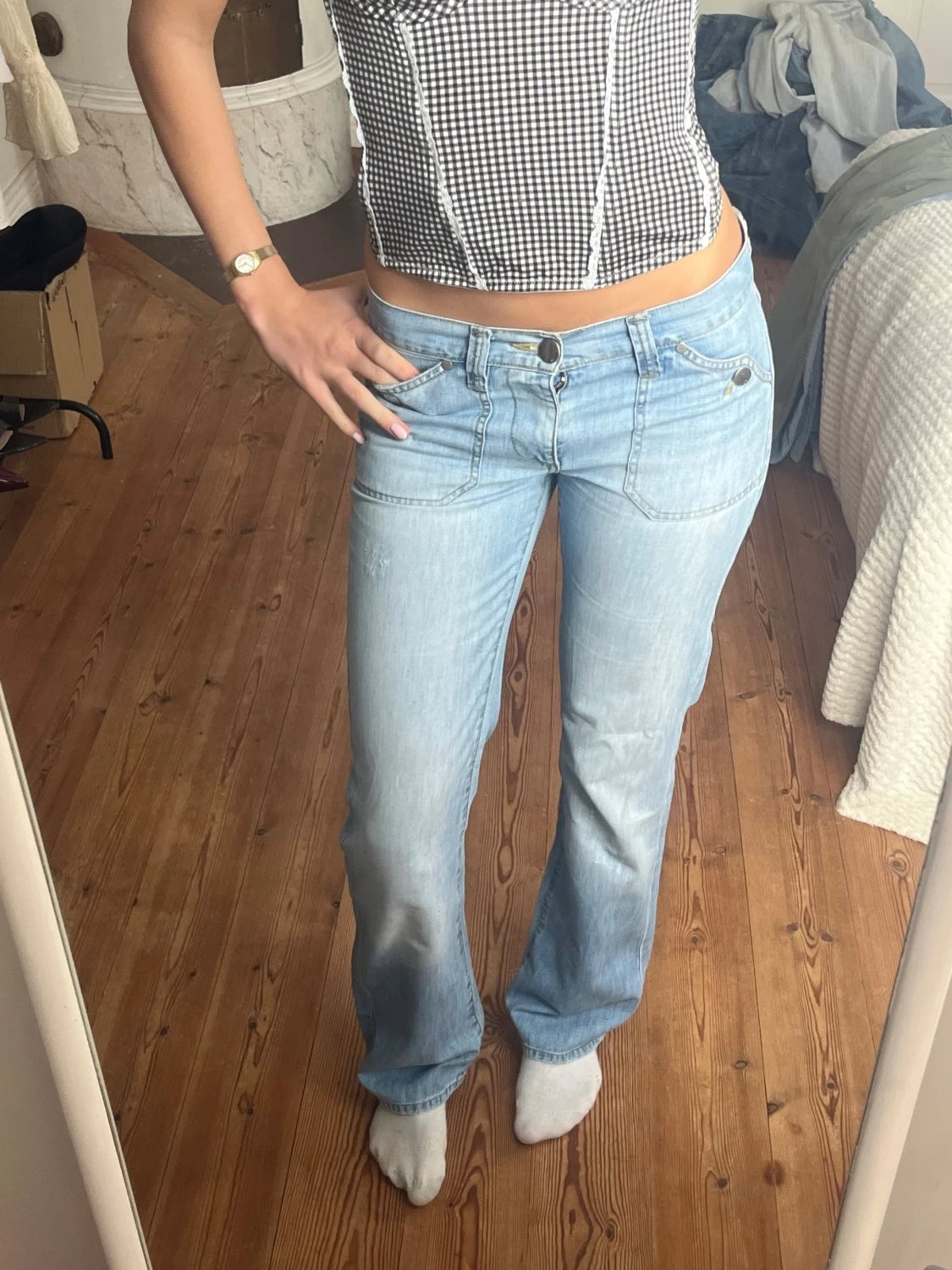 Ljusblå bootcut jeans vintage lågmidjade  - 1