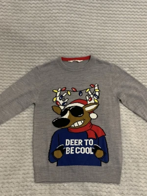 Grå jultröja med ren från H&M - Säljer en grå jultröja från H&M med en cool ren i solglasögon, tomteluva och färgglada ljusslingor på hornen. Texten 'DEER TO BE COOL' på magen och röda detaljer i halsen och halsduken. Perfekt för dig som vill sticka ut på julen!