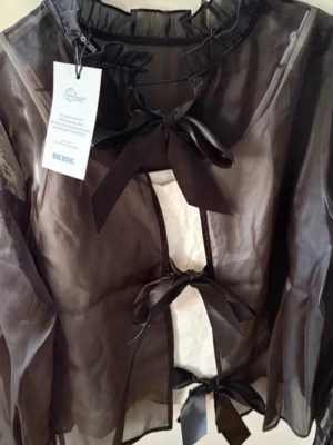 Sheer Black Organza Bow Blouse - This is a sheer black organza blouse with long sleeves and three large satin ribbon bows down the back. The blouse has a ruffled neckline and is see-through, making it ideal for layering. The tag is still attached, indicating it is new. Brand: Bik Bok. Please note that the white strap top underneath is not included.