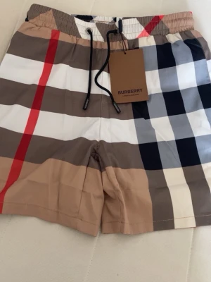 Rutig shorts från Burberry - Säljer ett par klassiska rutiga shorts från Burberry med snörning i midjan. Shortsen har beige, bruna, vita, svarta och röda rutor och är tillverkade i ett lätt och bekvämt material. Perfekta för sommardagar när du vill ha en stilren och ikonisk look.