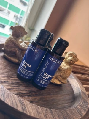 Matrix Brass Off mini schampo & balsam - Två små flaskor Matrix Total Results Brass Off, perfekt för att neutralisera gula toner i blont eller ljusbrunt hår. Flaskorna är blå med svart lock och rymmer 75 ml vardera. Smidiga att ta med på resan eller testa hemma.