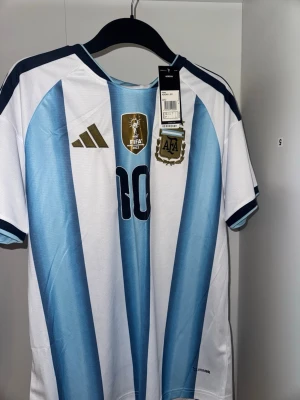 Argentina matchtröja Adidas blåvit - Säljer en officiell Argentina matchtröja från Adidas med klassiska blå och vita ränder. Tröjan har nummer 10, FIFA 2022-märke och AFA-emblem på bröstet. 