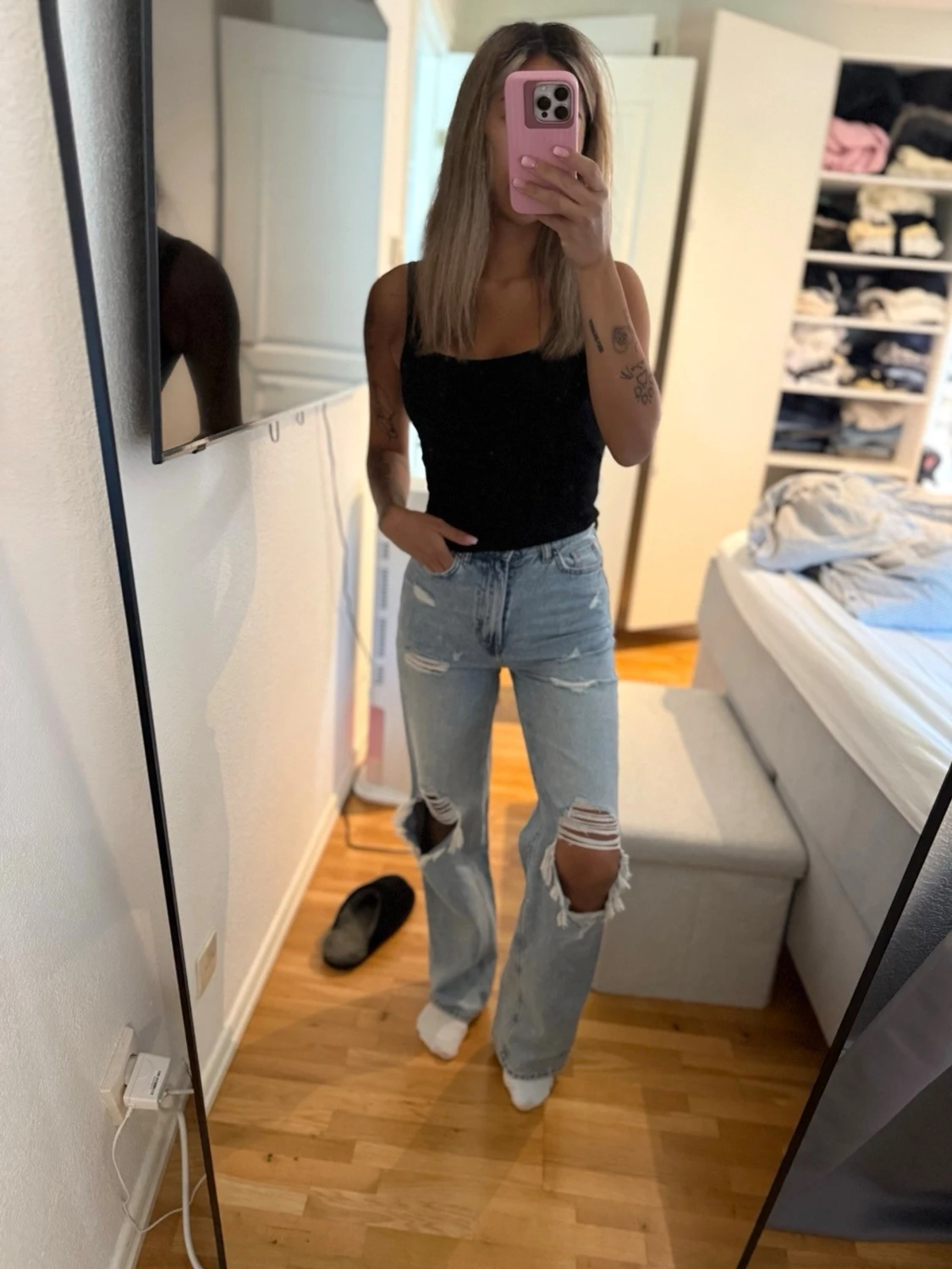 Ljusblå ripped straight leg jeans - 1