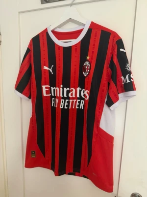 AC Milan matchtröja Puma röd/svart - Säljer en officiell AC Milan matchtröja från Puma i storlek L. Tröjan är röd med svarta vertikala ränder, vita detaljer och klubbmärke på bröstet. Materialet är lätt och andas, perfekt för fotboll eller träning. Snygg design med sponsortryck framtill.