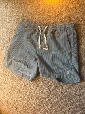 Blå Ralph Lauren manchester shorts  - Nypris ca 1600kr. Säljer ett par ljusblå manchester shorts med vita snören i midjan och diskret randigt mönster. Shortsen har sidofickor och avslappnad passform, perfekta för sommardagar. Liten broderad logga på benet för extra stil.