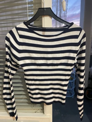 Randig långärmad topp i marinblått och vitt - Säljer en ribbad långärmad topp med marinblå och vita ränder. Tror den är från H&M