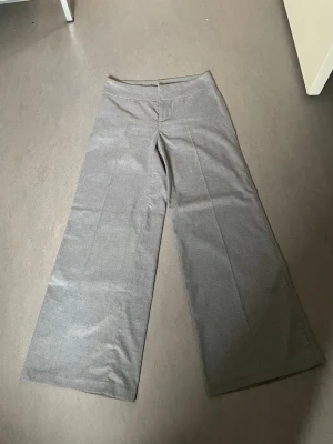 Grå vida kostymbyxor - Snygga grå kostymbyxor med hög midja och vida ben. Byxorna har pressveck framtill och är sydda i ett tunt, mjukt tyg som ger en clean look. Perfekta för dig som gillar en stilren och trendig outfit.