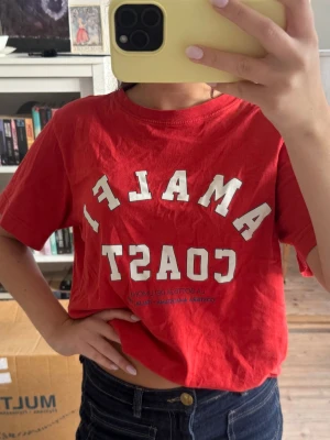 Röd t-shirt med tryck  - Säljer en röd t-shirt med tryck från hm storlek M❤️