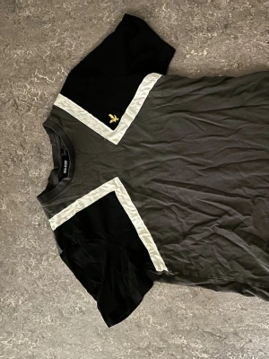 Svart och grå t-shirt från Lyle & Scott - Snygg t-shirt från Lyle & Scott i svart och grått med vita detaljer i ett V-format mönster över bröstet och axlarna. Klassisk rund halsringning och korta ärmar. Liten gul logga på bröstet. Perfekt för en stilren och sportig look.