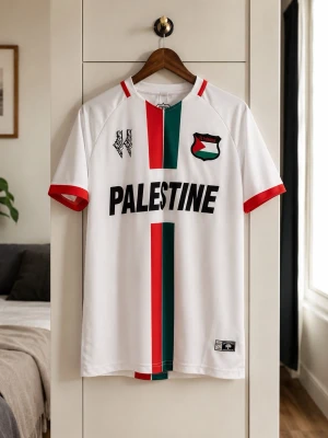 Vit Palestina fotbollströja - Säljer en vit fotbollströja med texten 'PALESTINE' på bröstet och ränder i rött, grönt och svart. Tröjan har röda muddar på ärmarna och detaljer som karta och flagga på ryggen. Tillverkad i ett lätt och snabbtorkande material, perfekt för träning eller match.