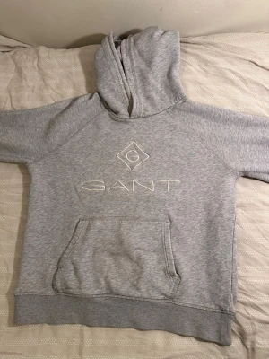 Grå hoodie från GANT med broderad logga - Snygg grå hoodie från GANT med broderad logga på bröstet och klassisk känguruficka framtill. Hoodien har huva och ribbade muddar vid ärmslut och nederkant. Perfekt för en avslappnad och stilren look, på bild 2 syns ett hål vid fickan, det är ett synligt hål men går att sy ihop 