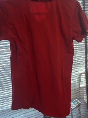 Röd piké t-shirt med krage - Säljer en röd piké t-shirt med klassisk krage och korta ärmar. T-shirten har en enkel och stilren design utan mönster eller tryck. Perfekt för dig som gillar en basic men ändå snygg look.