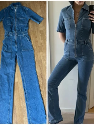 Blå denim jumpsuit med dragkedja MANGO - Snygg blå denim jumpsuit med korta ärmar, dragkedja framtill och vida ben. Jumpsuiten har markerad midja, stora fickor på bröstet och sidorna samt klassisk skjortkrage. Perfekt för en cool och avslappnad look.