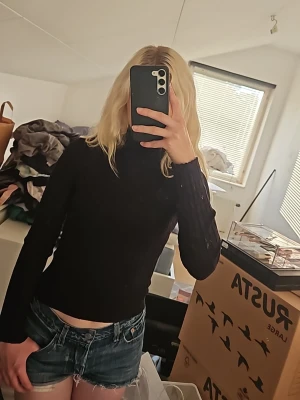 Svart ribbad polotröja - Säljer en svart, ribbad polotröja med lång ärm och tight passform. Tröjan har hög krage och är gjord i ett stretchigt material som sitter snyggt på kroppen. Perfekt att matcha med jeans eller kjol för en clean look. Knappt använd