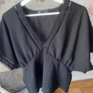 Svart blus med spetsdetaljer från Zara - Säljer en svart blus från Zara med v-ringning och fina spetsdetaljer. Den är absolut PERFEKT för sommaren. 