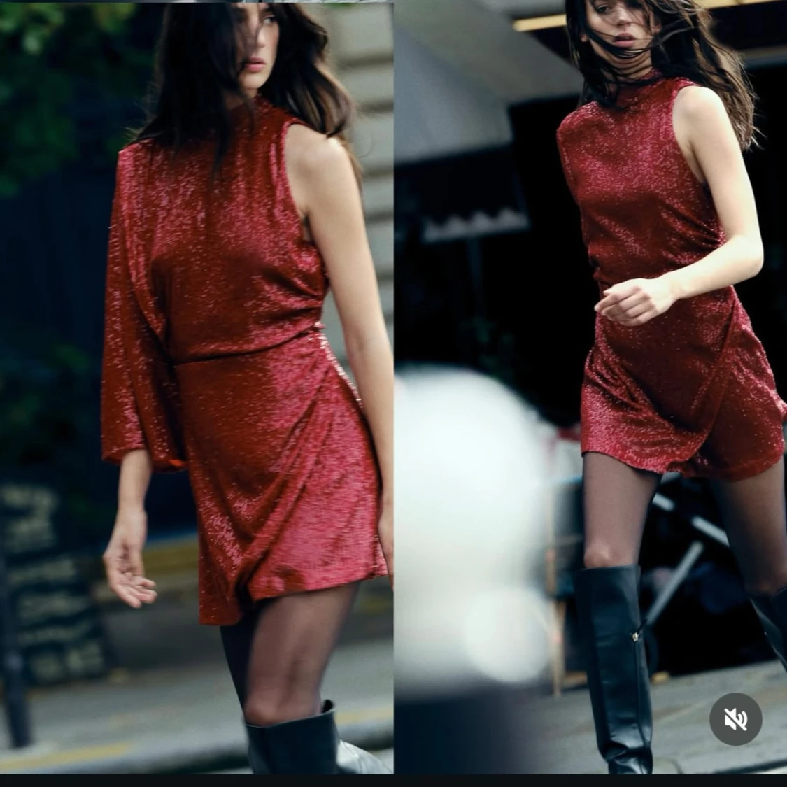 Röd glittrig kortklänning med asymmetrisk ärm - 1