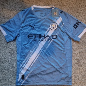 Manchester City 26 Tröja - Manchester Citys officiella matchtröja från Puma i ljusblått med vita och mörkblå diagonala ränder. Tröjan har klubbmärke på bröstet, Puma-logga och Etihad Airways-tryck. Tillverkad i lätt och ventilerande funktionsmaterial, perfekt för fotbollsträning eller support.