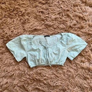 Ljusgrön kortärmad topp - Säljer en ljusgrön topp med korta ärmar och knytning framtill. Toppen har en croppad passform.