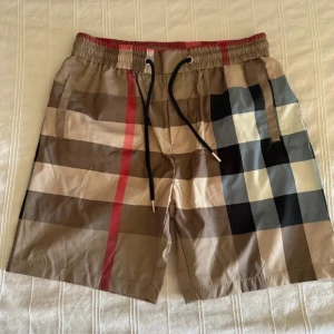 Rutig Burberry shorts med snörning - Snygga shorts från Burberry med klassiskt rutigt mönster i beige, svart, vitt och rött. De har elastisk midja med svart snörning och är tillverkade i ett lätt och bekvämt material, perfekt för sommardagar. Shortsen har fickor på sidorna och en bakficka.