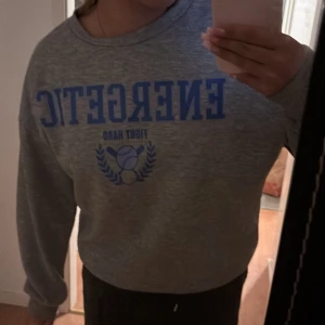 Grå sweatshirt med blått tryck från SHEIN - Säljer en grå swearshirt från SHEIN i storlek xs, den är i okej skick och har använts flertal gånger, jätteskönt material och mysig. Säljer då den inte kommer till användning💞