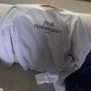 Grå sweatshirt från Peak Performance - Säljer en stilren grå sweatshirt från Peak Performance med tryck på ryggen. Tröjan har långa ärmar och en rund halsringning. Perfekt för en avslappnad stil.