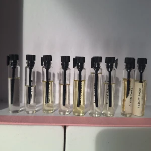 Parfymprover i glasflaskor - Säljer åtta små parfymprover i genomskinliga glasflaskor med svarta skruvkorkar. Namn som Chaos Night, Woody Sandal, Black Pepper, Milky Flower, Clean Vibes och Dewy Desert syns på flaskorna. Perfekt för dig som vill testa olika dofter. 130 kr som paket.