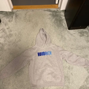 Grå hoodie från Hoodrich - Säljer en grå hoodie från Hoodrich med blå text på bröstet. Klassisk modell med huva och magficka, perfekt för en avslappnad stil. Passar dig som gillar streetwear och vill ha något bekvämt och snyggt.