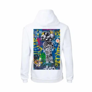 Vit hoodie med graffiti-tryck - Säljer en vit hoodie med en stor färgglad graffiti-inspirerad print på ryggen. Trycket har blå, gul, grön och rosa detaljer och föreställer en figur och olika texter. Perfekt för dig som gillar streetwear och unika plagg.från the cool elephant och jag köpte den från sellpy men har bara använt den 3 gånger💓skriv för egna bilder💓