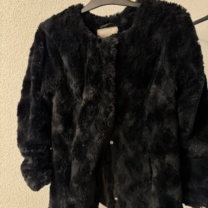 Svart pälsjacka - Säljer en svart pälsjacka med lång ärm och rund halsringning. Jackan är mjuk och fluffig, perfekt för kyligare dagar. Stängs med tryckknappar framtill och har en klassisk, enkel design utan synliga detaljer.