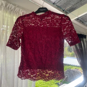 Vinröd spetsblus från Divided - Säljer en vinröd blus från Divided med vackert blommigt spetsmönster. Blusen har korta ärmar och hög hals, perfekt för att lyfta en outfit med lite extra detaljer.