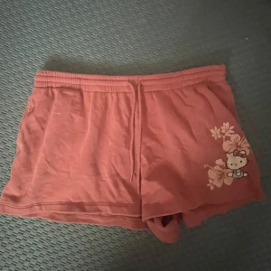 Rosa shorts med Hello Kitty-motiv - Säljer ett par söta rosa shorts med ett tryck av Hello Kitty och blommor på ena benet. Shortsen har en bekväm resårmidja och är perfekta för en avslappnad dag. Materialet känns mjukt och skönt mot huden. En liten fläck men inget som syns mkt!!