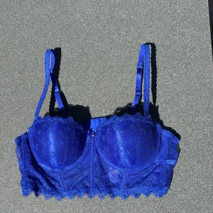 Blå spetsig korsett med blommönster - Snygg blå korsett med vadderade kupor och justerbara axelband. Toppens mesh och spets har broderade blommor❣️ Oanvänd och strl 85B!!❣️