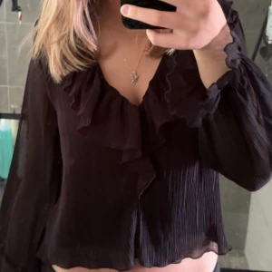 Svart volangblus från Zara - Säljer en svart blus från Zara i transparent, lätt material med plisserad struktur. Blusen har långa ärmar, v-ringning och snygga volangdetaljer längs halsringningen. Superfint skick 
