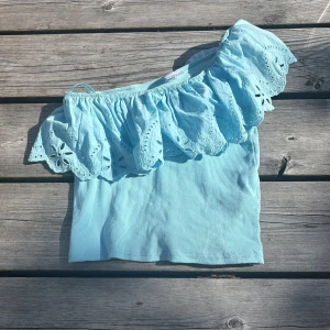 Ljusblå offshoulder topp från Zara - Superfin ljusblå offshoulder topp från Zara med bred volang och broderade blommor längs kanten. Toppen är ribbad och har en axel bar, vilket ger en riktigt somrig vibe. Perfekt för dig som vill sticka ut med en söt och trendig look.