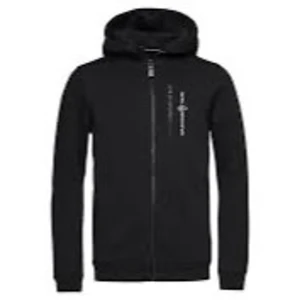 Svart hoodiejacka från Sail Racing - Svart hoodiejacka från Sail Racing med dragkedja framtill och logga på bröstet. Jackan har huva med snörning och en bröstficka med dragkedja. Tillverkad i mjuk bomull, perfekt för chill dagar. Långa ärmar med muddar. Trasig vid handen.