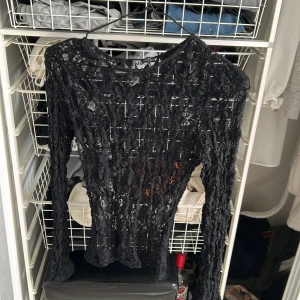 Svart spetsblus från Zara - Säljer en svart långärmad blus från Zara i transparent spets med cool struktur. Perfekt för dig som gillar att sticka ut med detaljer och vill ha en edgy look. Blusen har rund halsringning och sitter snyggt figurnära. Är i storlek M men passar mig som är xs
