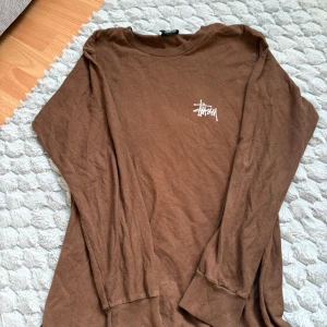 Brun långärmad Stüssy tröja - Säljer en brun långärmad tröja från Stüssy med vit logga på bröstet och stor logga på ryggen. Tröjan har små slitage i texten och ett litet hål i vänstra armvecket.