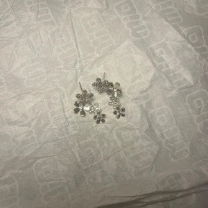 Silvriga örhängen med blommor - Supersöta silvriga örhängen med flera små blommor i olika storlekar. Blommorna har glittriga detaljer. Köpte från litet smyckesföretag så vet inte vilket material det är! 