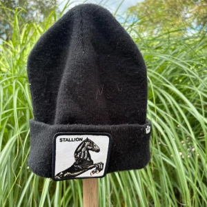 Svart mössa med Stallion-patch - Svart mössa från Goorin Bros med uppvikt kant och en stor vit patch framtill med en svart häst och texten 'STALLION'. Mjuk och varm, perfekt för kyliga dagar. Snygg detalj med logotyp på sidan.