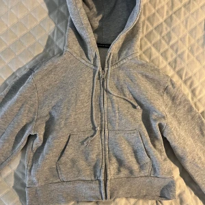 Grå hoodie från Brandy Melville - Mysig grå hoodie från Brandy Melville med dragkedja framtill, snörning i huvan och två stora fickor. Tröjan är långärmad och har ribbade muddar vid ärmslut och nederkant. Perfekt för chill dagar och enkel att matcha med jeans eller leggings. 