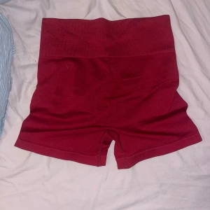 Mörkröda seamless träningstights shorts - Säljer ett par mörkröda seamless shorts med hög midja och tight passform. Perfekta för gymmet eller annan träning. De har scrunch-detalj bak för extra shaping och är gjorda i ett stretchigt syntetmaterial som sitter skönt på kroppen.