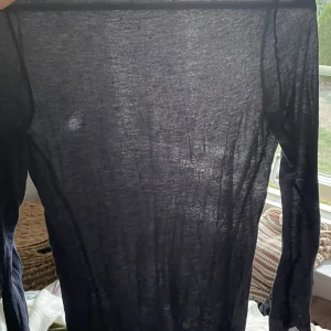 Mörkblå tunn långärmad tröja - Mörkblå tröja i supertunt och lätt material, perfekt för lager-på-lager. Tröjan är enkel i modellen med rund hals och smal passform. Materialet känns som bomull eller syntet och är genomskinligt. Snygg att styla med jeans eller kjol för en chill look. Den har några hål därav pris men inget som syns när man har på sig den