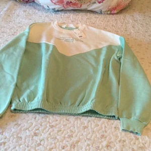 Mintgrön och vit sweatshirt från H&M - Fräsch sweatshirt från H&M i mintgrönt och vitt med trycket 'Adventure Ahead, Current Dreams, Future Reality' på bröstet. Tröjan har rund hals, långa ärmar och elastisk nederkant. Perfekt för dig som gillar chill och stilren vibe.