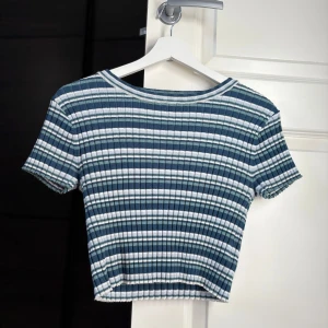 Randig ribbad topp i blått och vitt - Superfin croppad topp med korta ärmar och ribbad struktur. Mönstret är randigt i olika nyanser av blått, vitt och lite grått. 