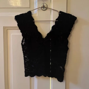 Svart spets topp från Zara - Säljer denna svarta  croppade  spets toppen från Zara med v-ringning och fina volangdetaljer vid axlarna som är mycket populär och slutsåld. Toppen är ärmlös och har ett romantiskt blommönster i spetsmaterial. Perfekt att styla till olika outfits!