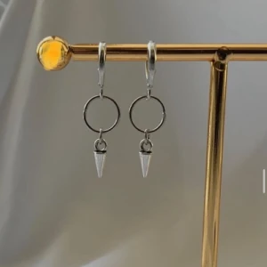 Silvriga örhängen med konhänge - Snygga silvriga örhängen med rund ring och ett hängande konformat smycke. De har en minimalistisk och edgy vibe, perfekta för att lyfta din stil med en cool detalj. Passar dig som gillar unika accessoarer.