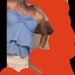 Blå halterneck topp - Säljer en söt blå halterneck topp med volanger. Använd en gång och inga tecken på användning. Vet inte vart den är ifrån då jag köpte den här på plick😔