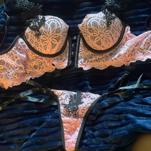 Rosa spetsig underklädes sett med svarta detaljer - Säljer en snygg rosa bh med svart spets och coola banddetaljer. Toppen har vadderade kupor, blommigt spetsmönster och svarta kanter som ger en edgy look. Perfekt för dig som vill sticka ut och känna dig extra fin.