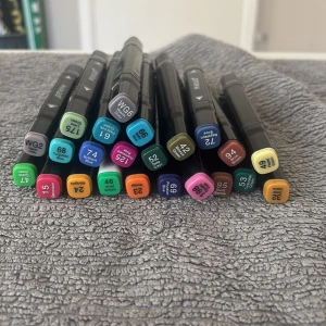 Färgglada markers i olika nyanser - Säljer ett set med markers i olika färger som turquoise green, vivid green, bronze green, prussian blue, tender pink och warm grey. Pennorna har svarta höljen och färgkodade lock. Alla funkar!