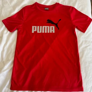 Röd Puma t-shirt med logga - Röd t-shirt från Puma med stor vit och svart logga framtill. Klassisk rund halsringning och korta ärmar. Tillverkad i ett sportigt, lätt material som passar perfekt för träning eller en aktiv vardag. Enkel och stilren design som är lätt att matcha.